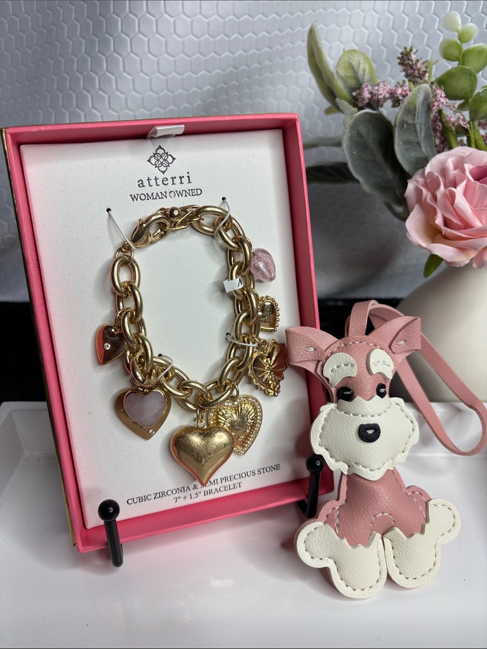 Atteri Gold Heart Charm Bracelet with Pink Accents and Bag Charm NWT